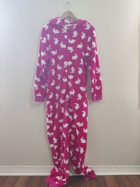 Bunny Print Hooded Fleece Pajamas
